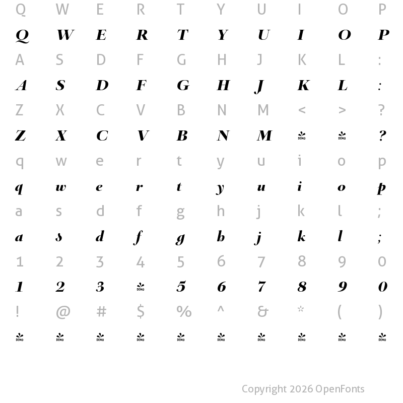 Character Map of FONTSPRING DEMO - Barocco Display PRO Black Bold Italic