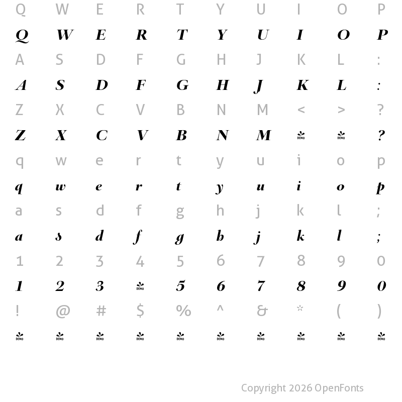 Character Map of FONTSPRING DEMO - Barocco Display PRO Black Italic