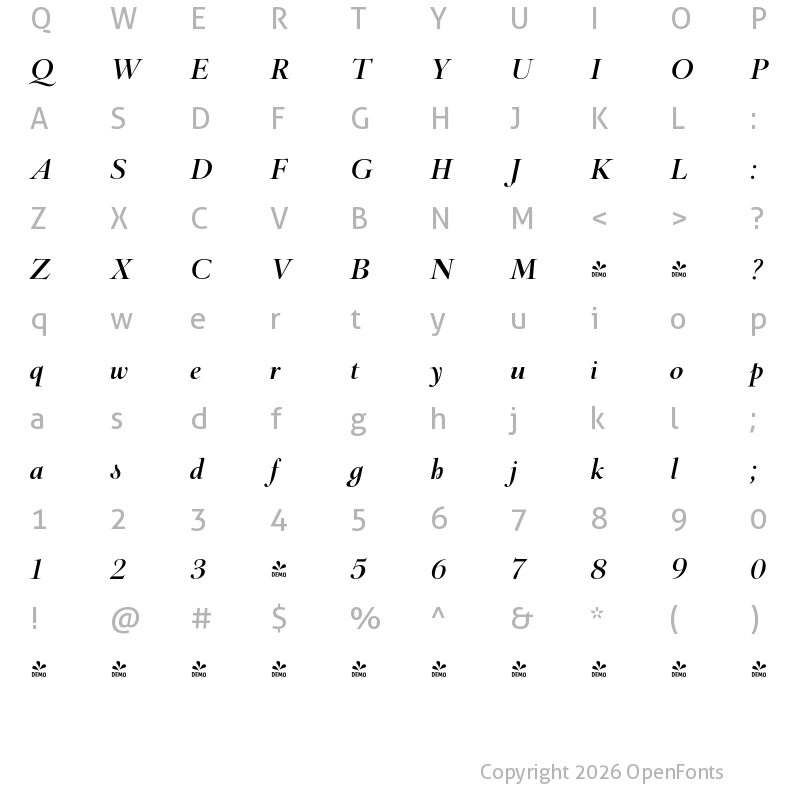 Character Map of FONTSPRING DEMO - Barocco Display PRO Light Italic