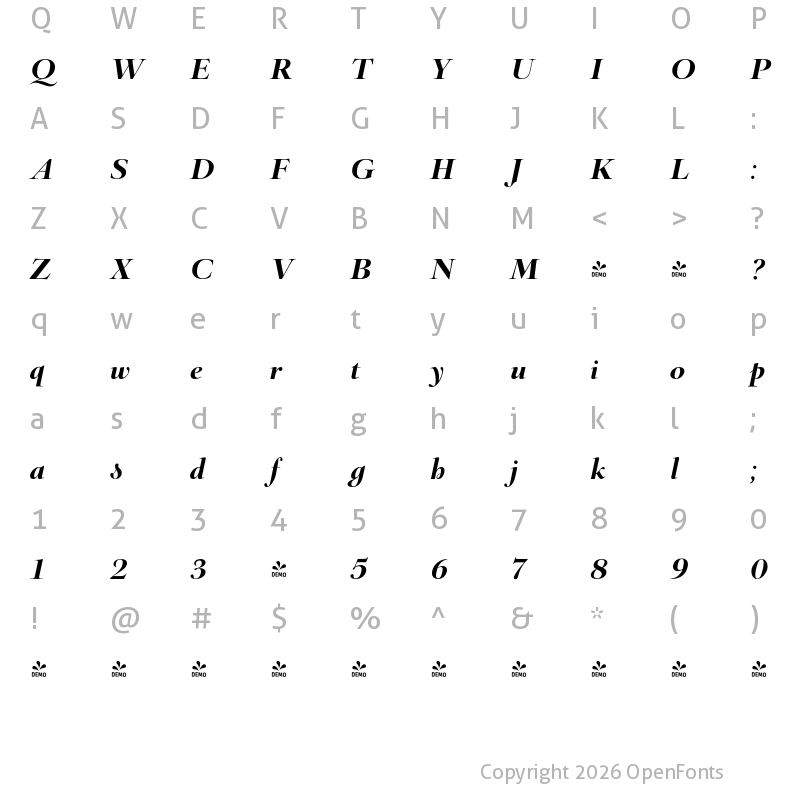Character Map of FONTSPRING DEMO - Barocco Display PRO Regular Bold Italic