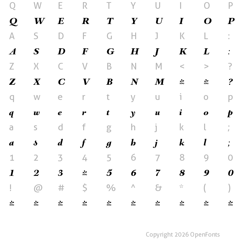 Character Map of FONTSPRING DEMO - Barocco Text PRO Black Bold Italic