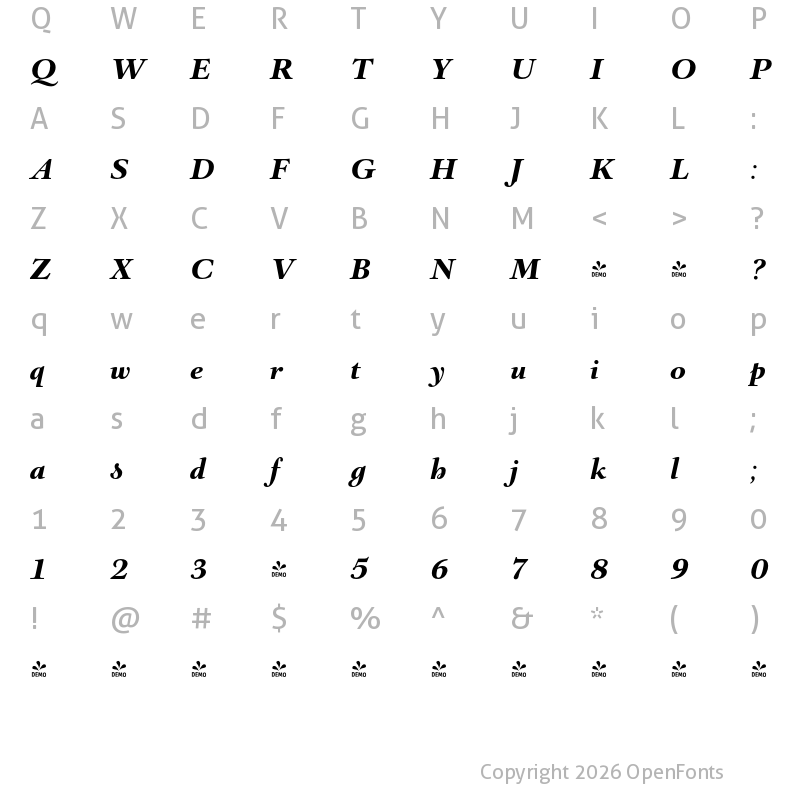 Character Map of FONTSPRING DEMO - Barocco Text PRO Black Italic