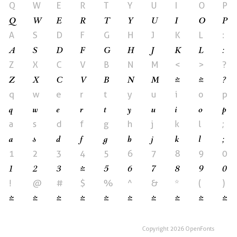 Character Map of FONTSPRING DEMO - Barocco Text PRO Light Italic