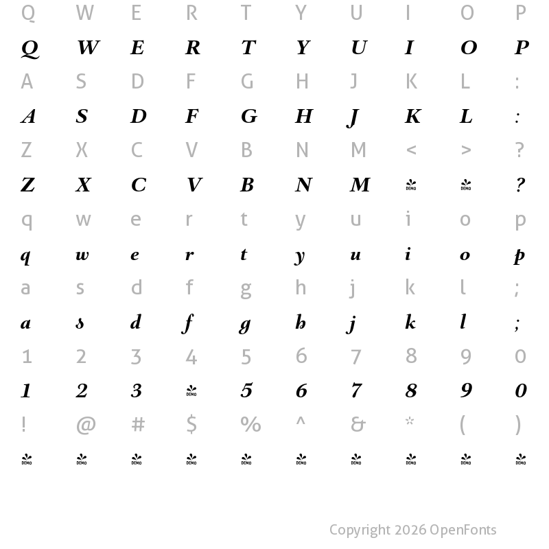 Character Map of FONTSPRING DEMO - Barocco Text PRO Regular Bold Italic