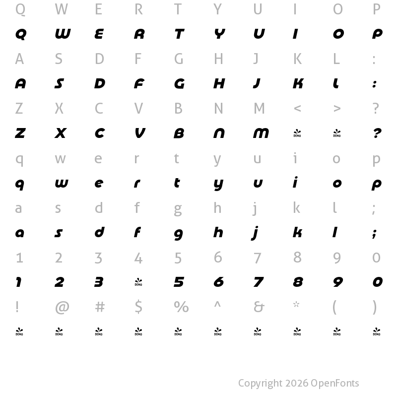 Character Map of FONTSPRING DEMO - Basenji SemBd Italic