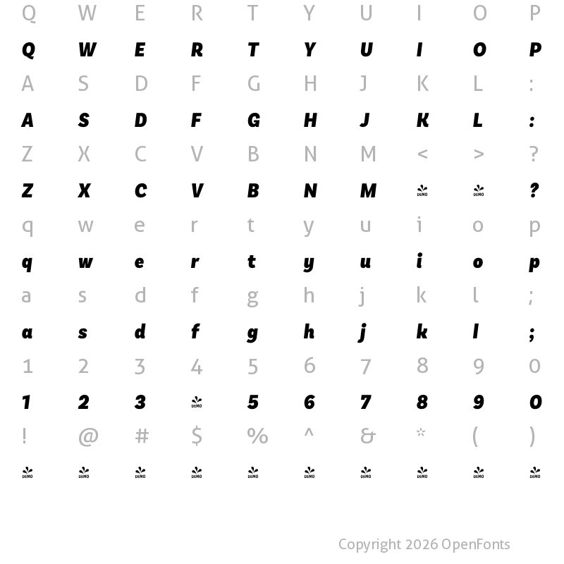 Character Map of FONTSPRING DEMO - Basic Sans Cnd Black It Regular