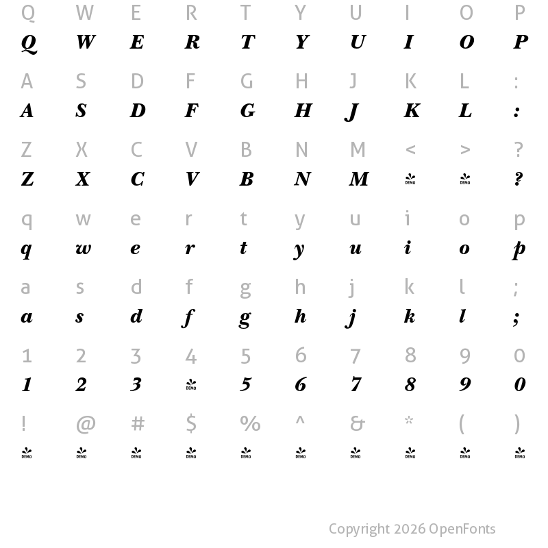 Character Map of FONTSPRING DEMO - Baskerville Nova Pro Black Italic