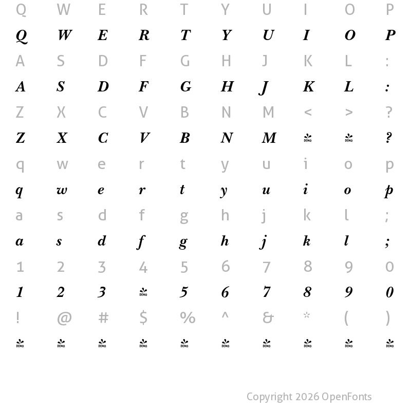 Character Map of FONTSPRING DEMO - Baskerville Nova Pro Bold Italic