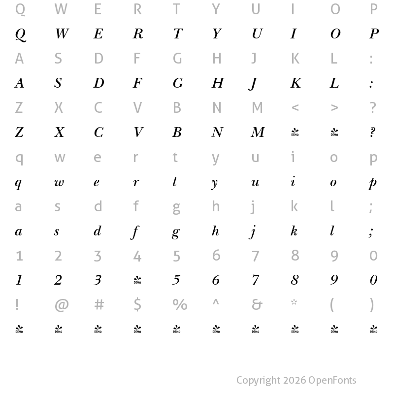Character Map of FONTSPRING DEMO - Baskerville Nova Pro SemiBold Italic