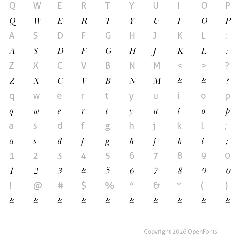 Character Map of FONTSPRING DEMO - Baskerville Poster PT Italic