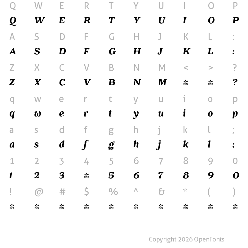 Character Map of FONTSPRING DEMO - Battlefin Bold Italic
