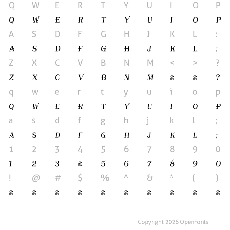 Character Map of FONTSPRING DEMO - Bay Tavern Fill S Italic