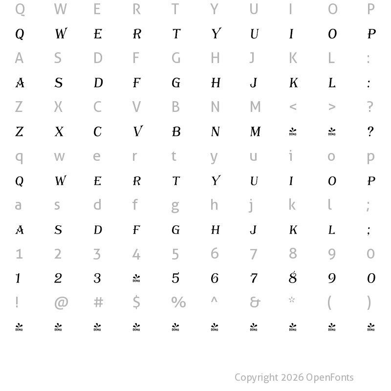 Character Map of FONTSPRING DEMO - Bay Tavern Fill SL Italic