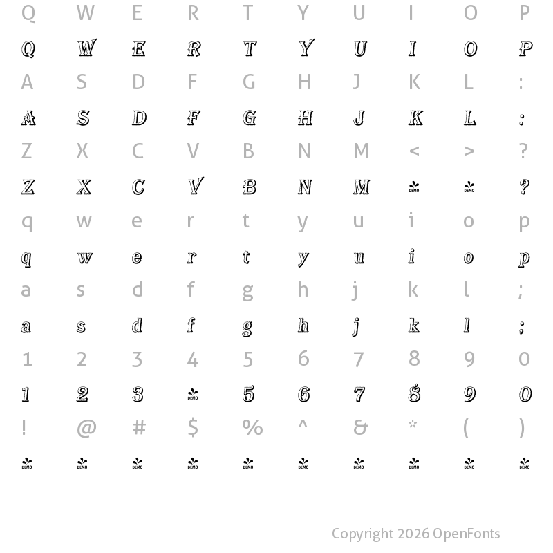 Character Map of FONTSPRING DEMO - Bay Tavern Open Italic
