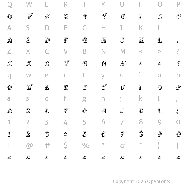 Character Map of FONTSPRING DEMO - Bay Tavern Open S Italic