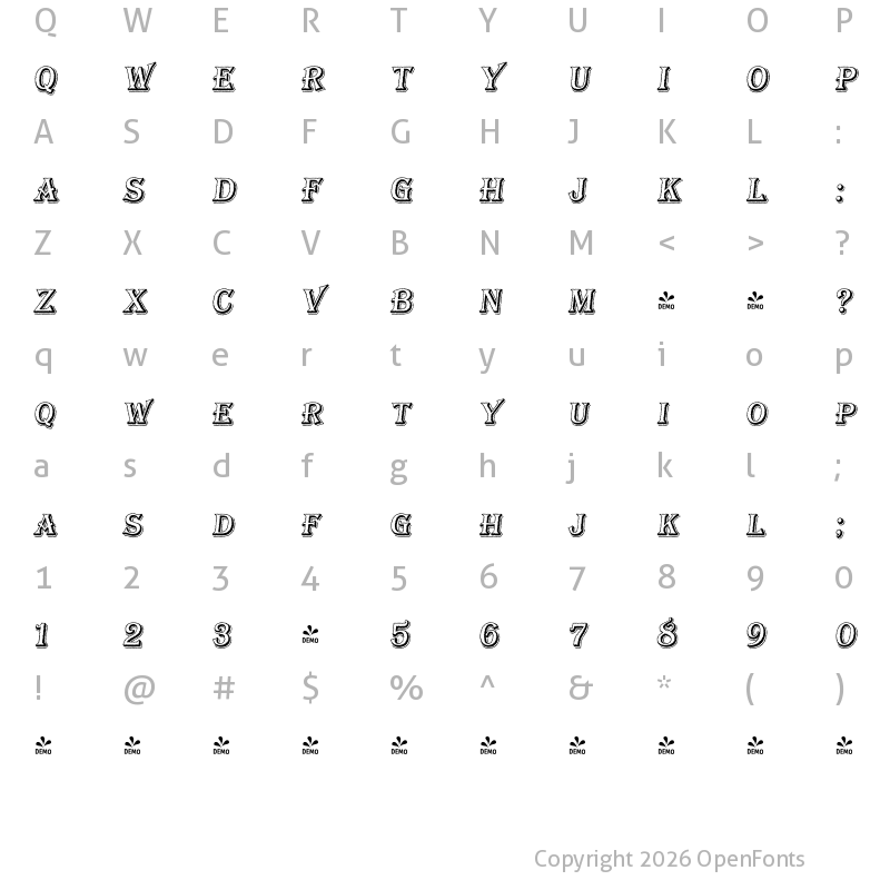 Character Map of FONTSPRING DEMO - Bay Tavern Open SL Italic