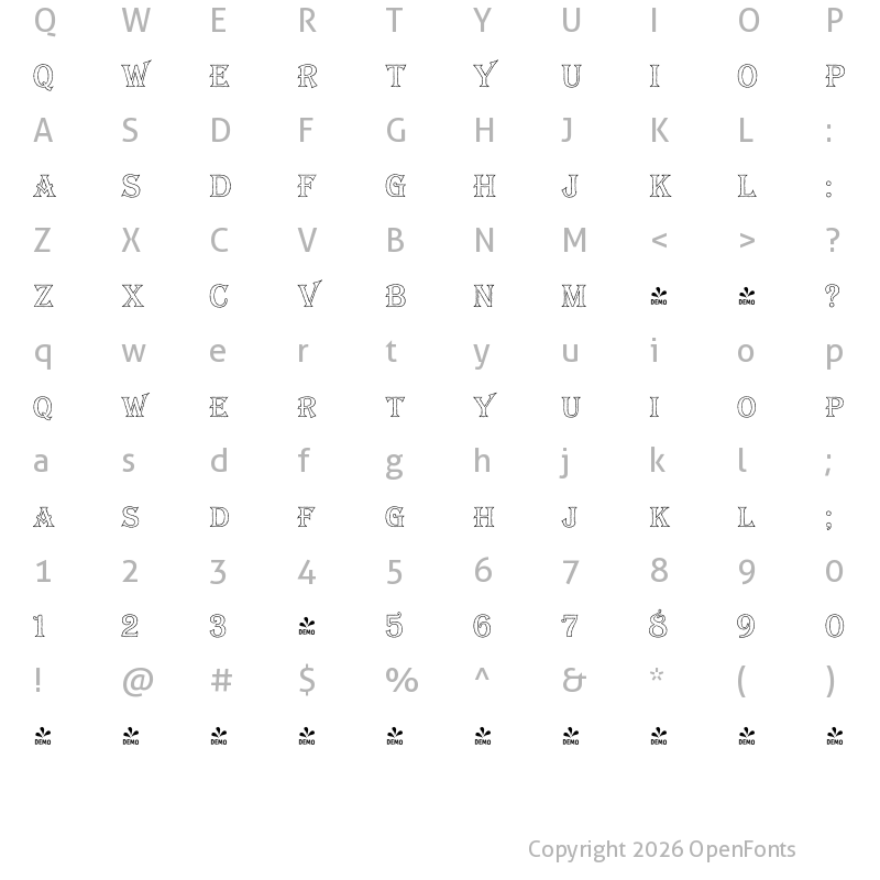 Character Map of FONTSPRING DEMO - Bay Tavern Out S Regular