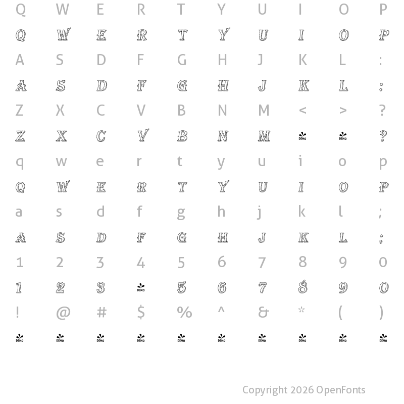Character Map of FONTSPRING DEMO - Bay Tavern Out SL Italic