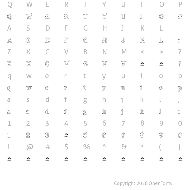 Character Map of FONTSPRING DEMO - Bay Tavern Out X Regular