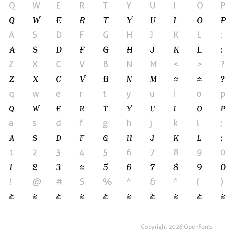 Character Map of FONTSPRING DEMO - Bay Tavern S Plain Italic