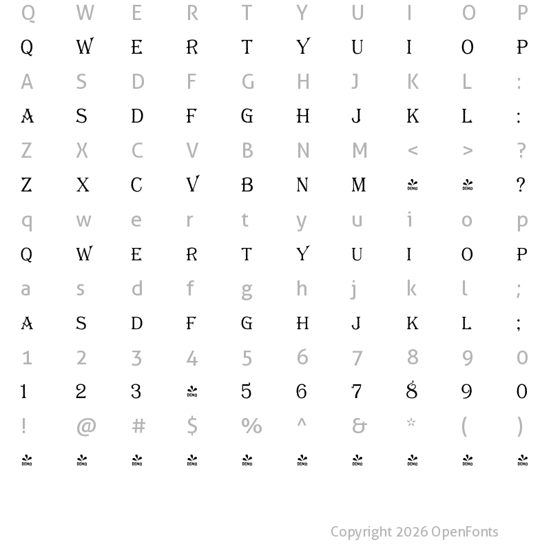 Character Map of FONTSPRING DEMO - Bay Tavern S Plain Light Regular