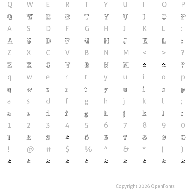 Character Map of FONTSPRING DEMO - Bayside Tavern Out L Regular