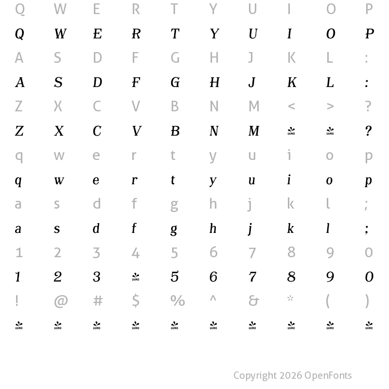 Character Map of FONTSPRING DEMO - Bayside Tavern Plain Italic