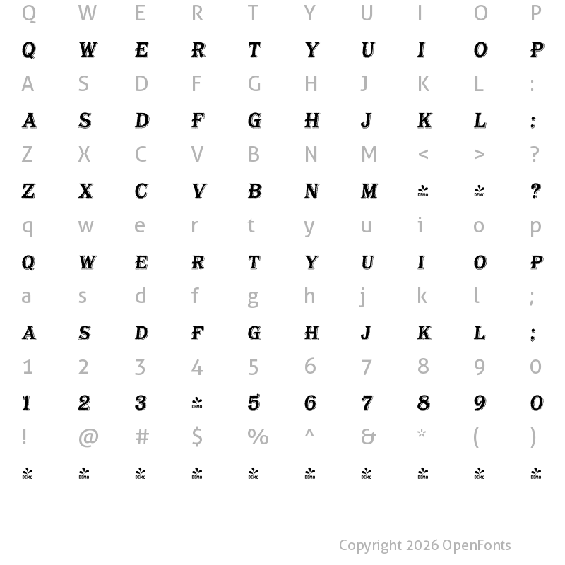 Character Map of FONTSPRING DEMO - Bayside Tavern S Bold Italic