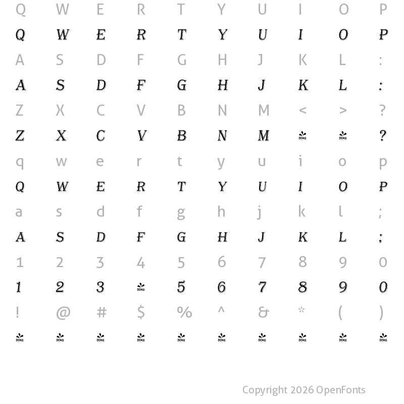 Character Map of FONTSPRING DEMO - Bayside Tavern S Light Italic