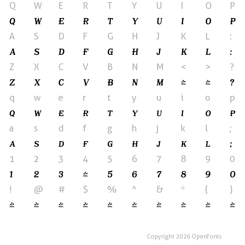 Character Map of FONTSPRING DEMO - Bayside Tavern S Plain Bold Italic
