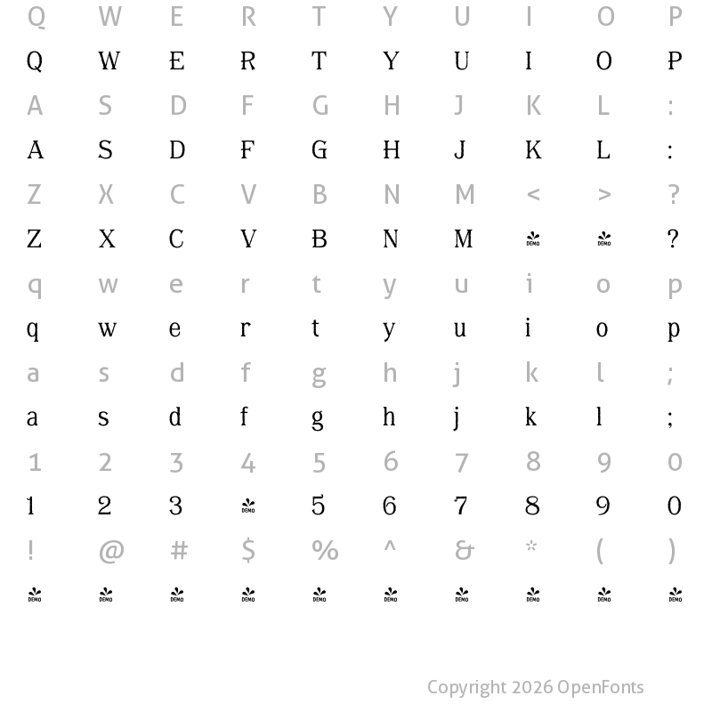 Character Map of FONTSPRING DEMO - Bayside Tavern X Plain Light Regular