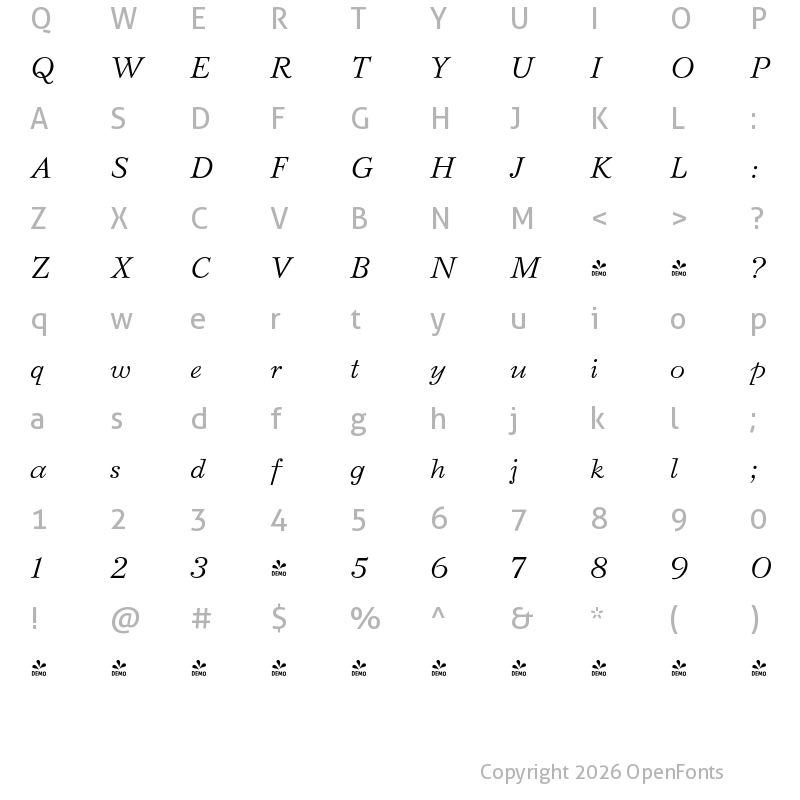 Character Map of FONTSPRING DEMO - Bazhanov Italic