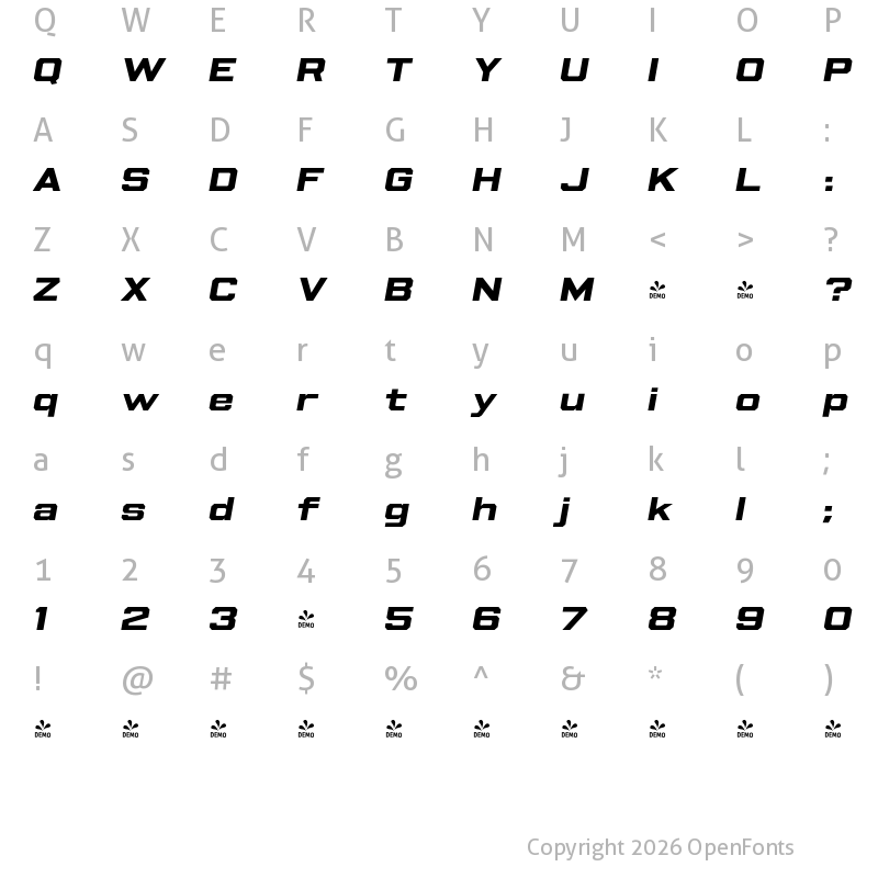 Character Map of FONTSPRING DEMO - Beachwood Wide Bold Italic