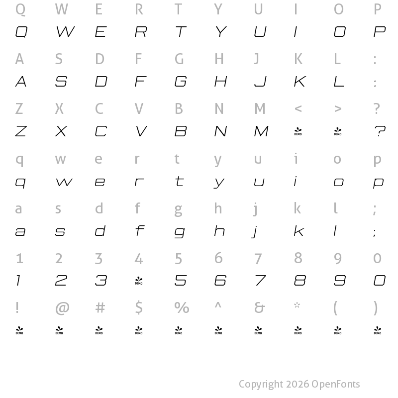 Character Map of FONTSPRING DEMO - Beachwood Wide ExtraLight Italic