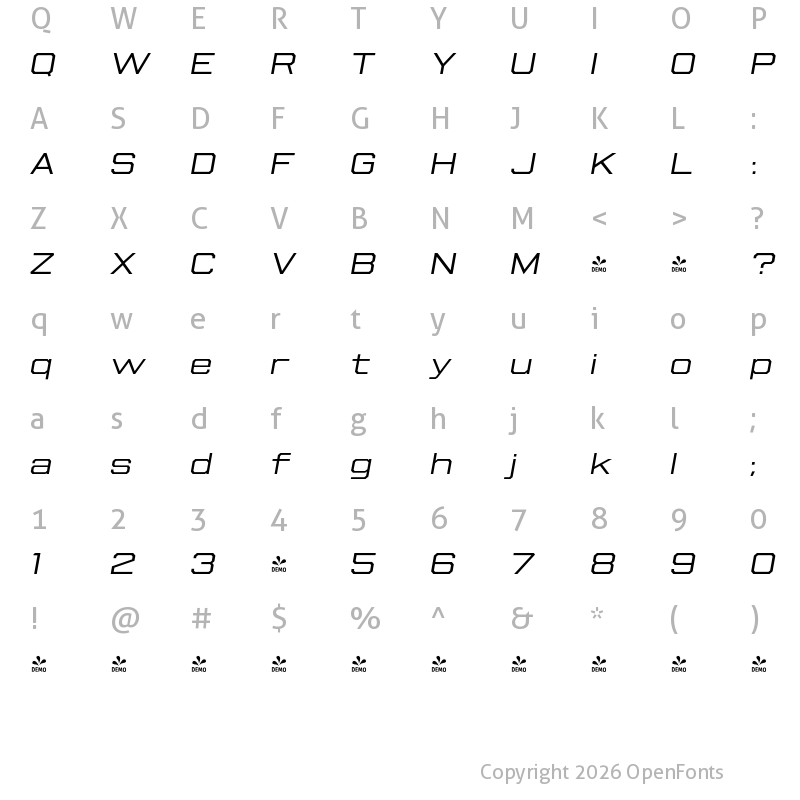 Character Map of FONTSPRING DEMO - Beachwood Wide Light Italic