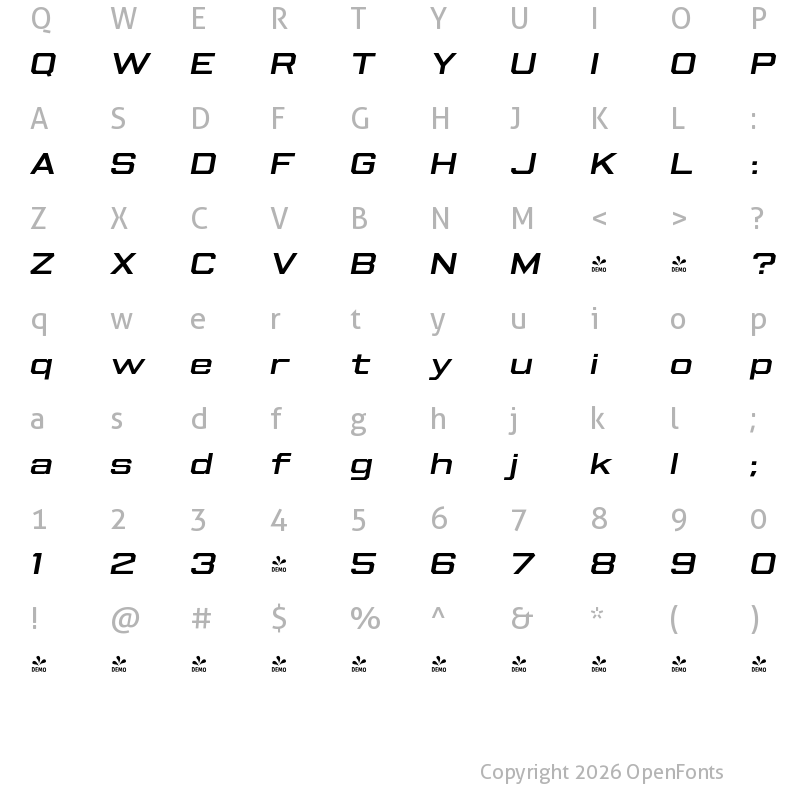 Character Map of FONTSPRING DEMO - Beachwood Wide Medium Italic