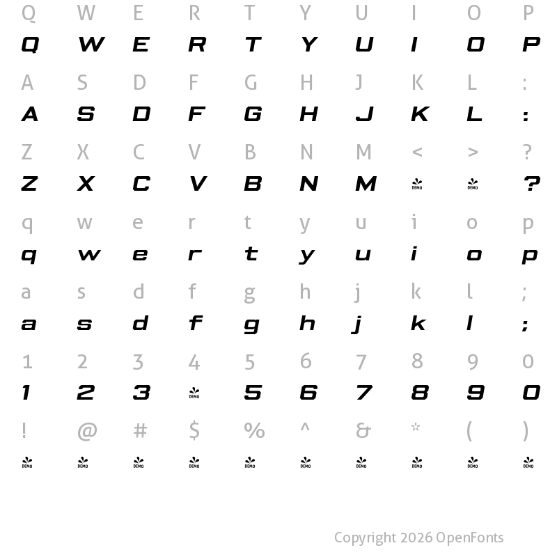 Character Map of FONTSPRING DEMO - Beachwood Wide SemiBold Italic