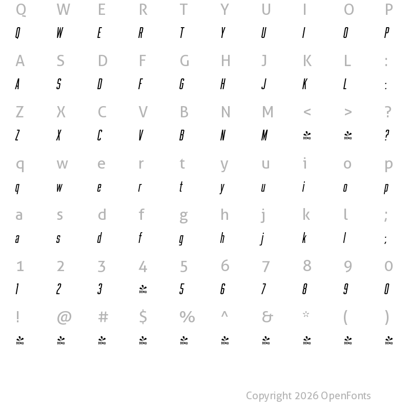 Character Map of FONTSPRING DEMO - Beachwood XTall Italic