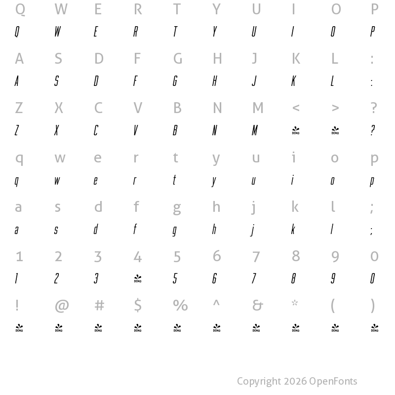 Character Map of FONTSPRING DEMO - Beachwood XTall Light Italic