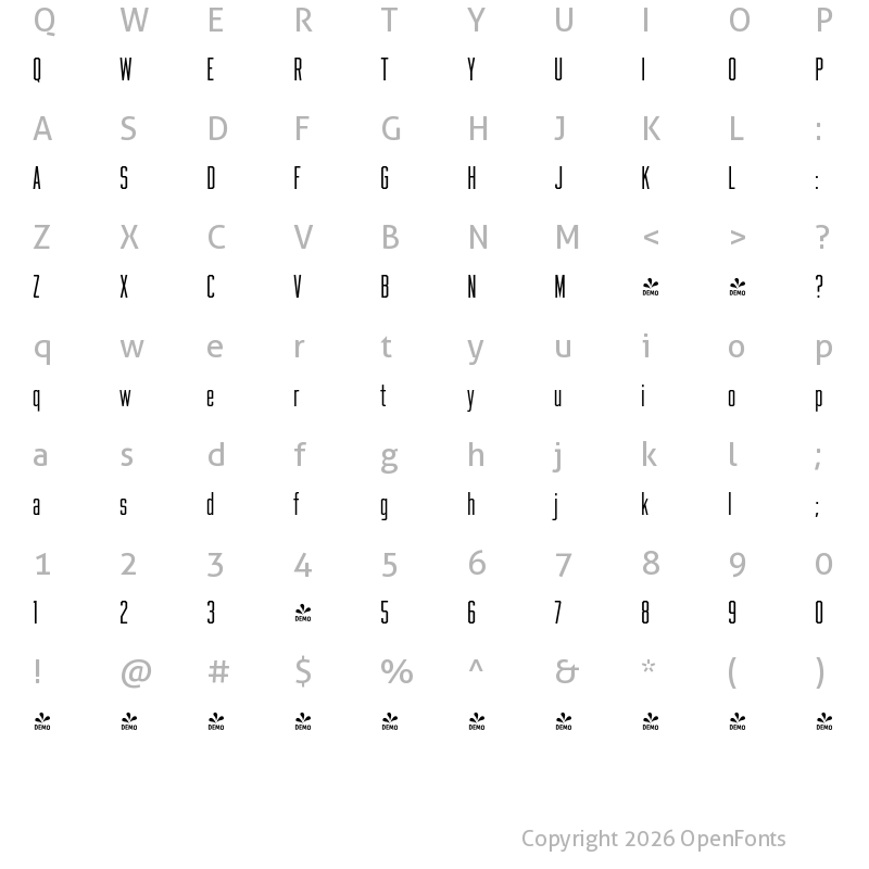 Character Map of FONTSPRING DEMO - Beachwood XTall Light Regular