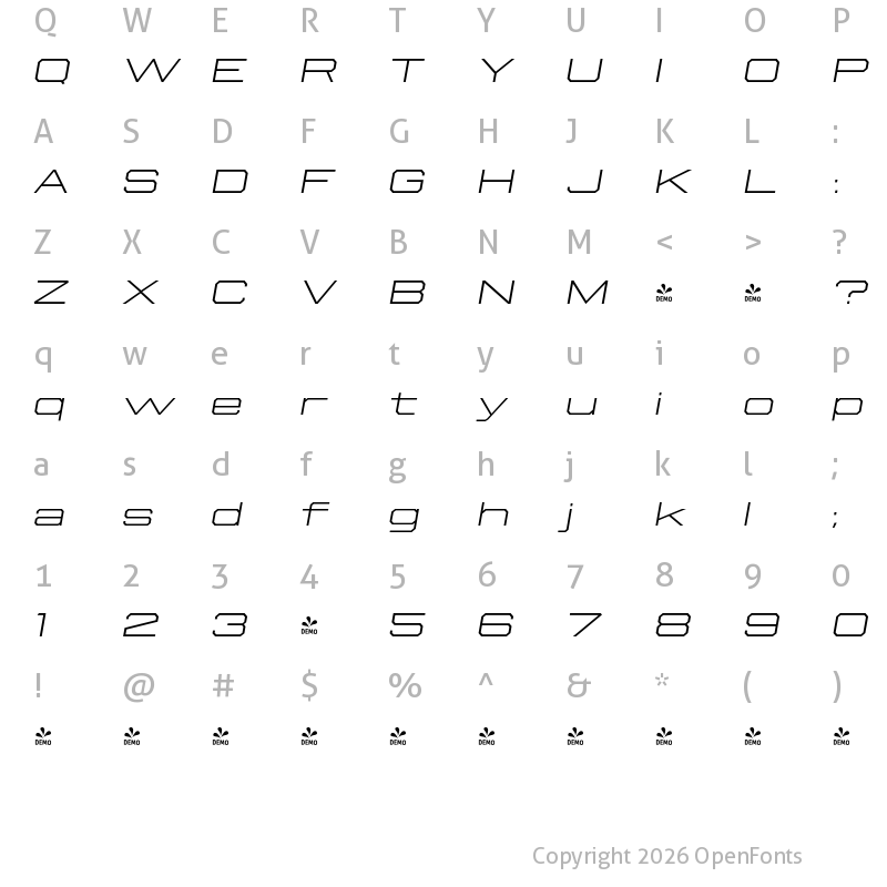 Character Map of FONTSPRING DEMO - Beachwood XWide ExtraLight Italic