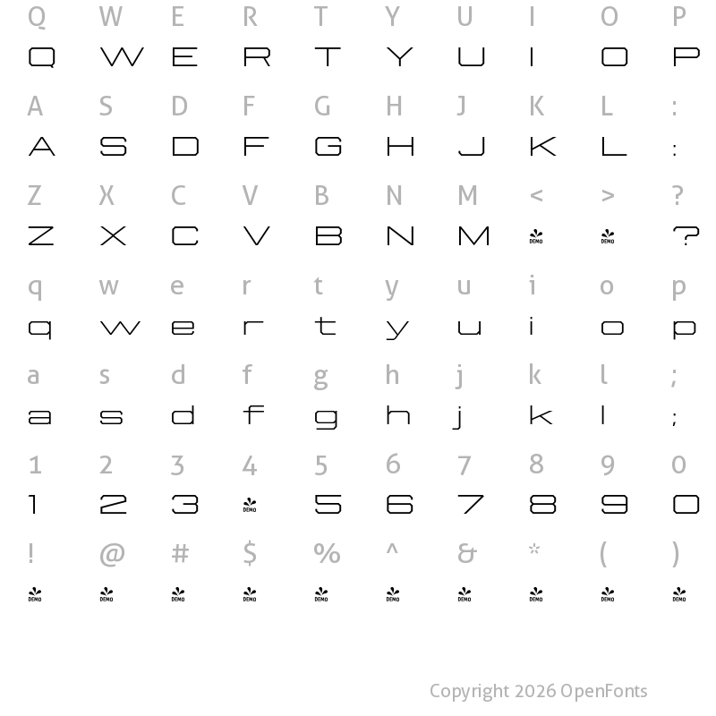 Character Map of FONTSPRING DEMO - Beachwood XWide ExtraLight Regular