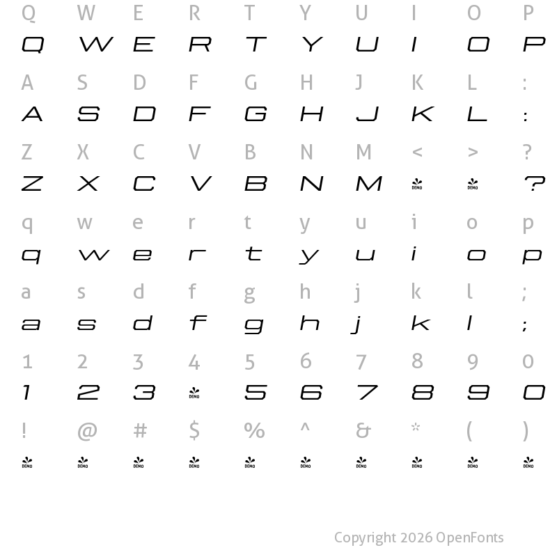 Character Map of FONTSPRING DEMO - Beachwood XWide Light Italic