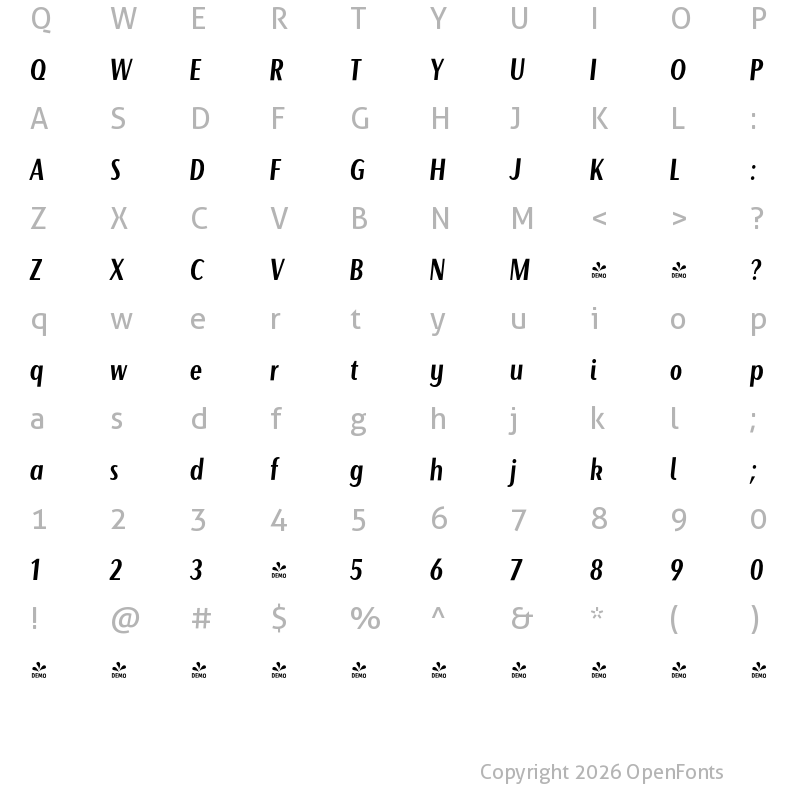 Character Map of FONTSPRING DEMO - Beaumont SemiBold Italic