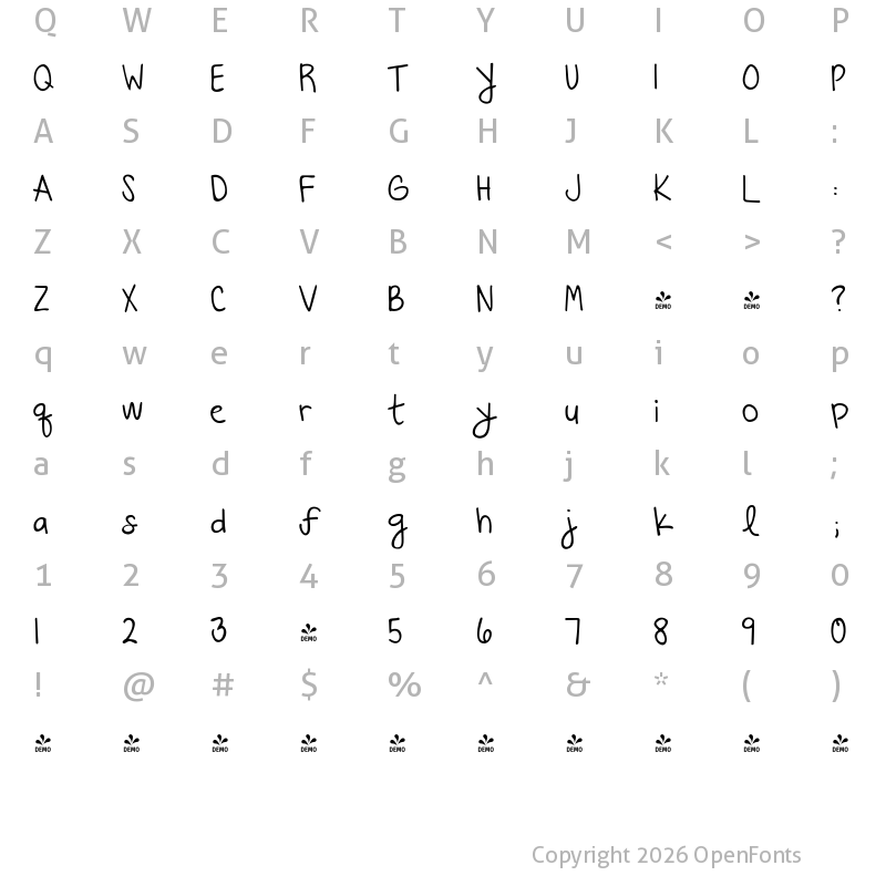 Character Map of FONTSPRING DEMO - Beautiful Every Time Regular