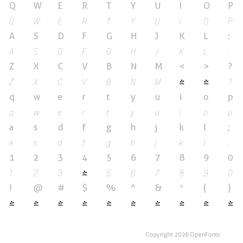 Character Map of FONTSPRING DEMO - Bebas Neue Pro Exp Th Italic