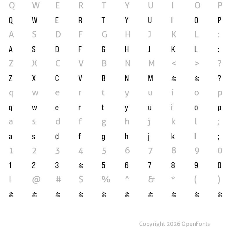 Character Map of FONTSPRING DEMO - Bebas Neue Pro SmE Rg Regular