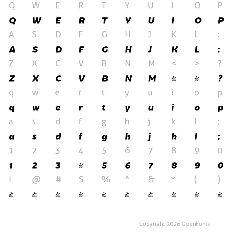 Character Map of FONTSPRING DEMO - Becky Bold Italic