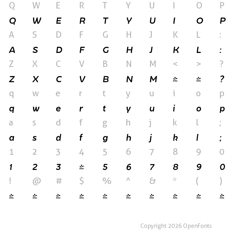 Character Map of FONTSPRING DEMO - Becky Medium Italic