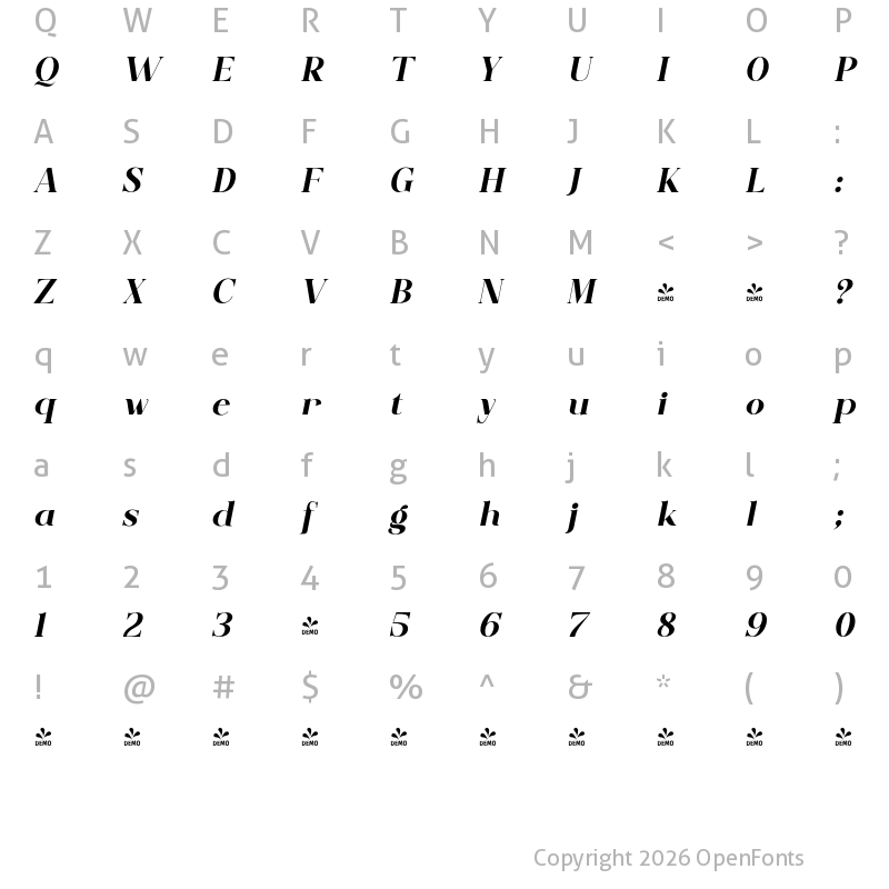 Character Map of FONTSPRING DEMO - Bedicta Hosta Italic